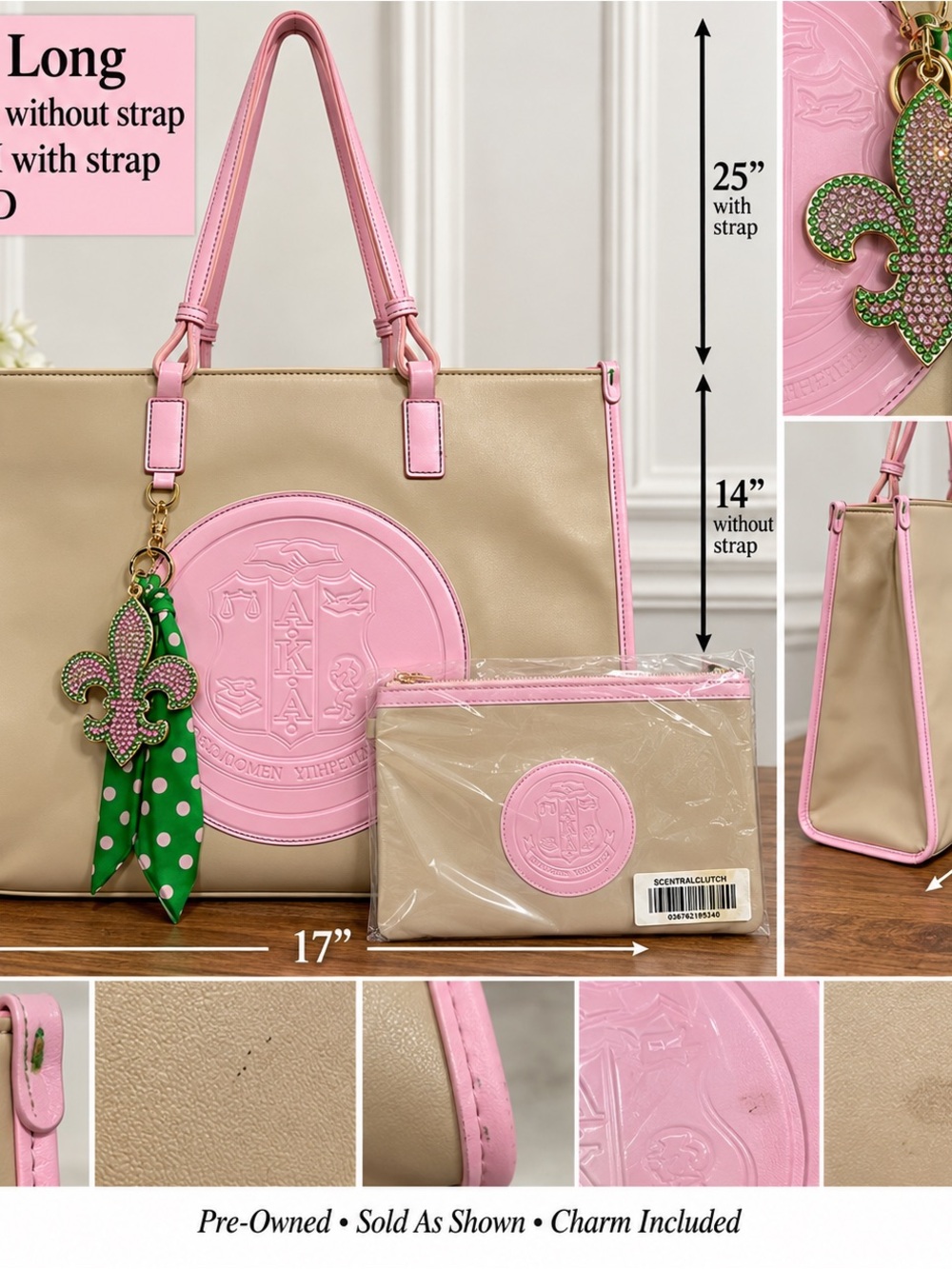 AKA Alpha Kappa Alpha Sorority Pink Green Crest Tote Bag Purse + Pouch